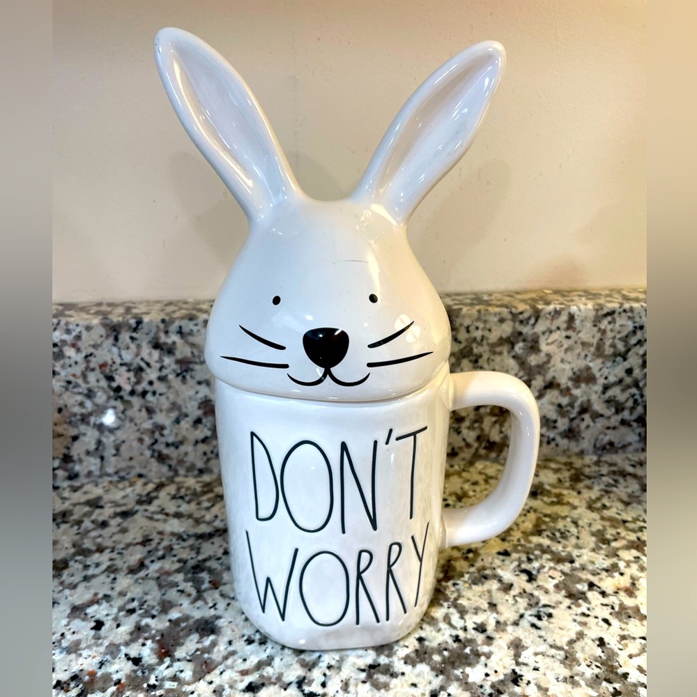 Rae Dunn White Ceramic bunny rabbit mug cup with top lid  Easter  NEW